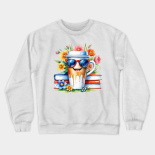 Coffee Books Flower Cup Funny Vibes Crewneck Sweatshirt