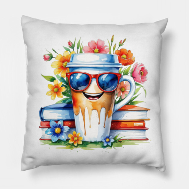 Coffee Books Flower Cup Funny Vibes Pillow by SR8891