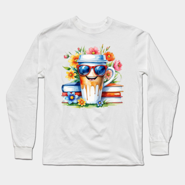 Coffee Books Flower Cup Funny Vibes Long Sleeve T-Shirt by SR8891