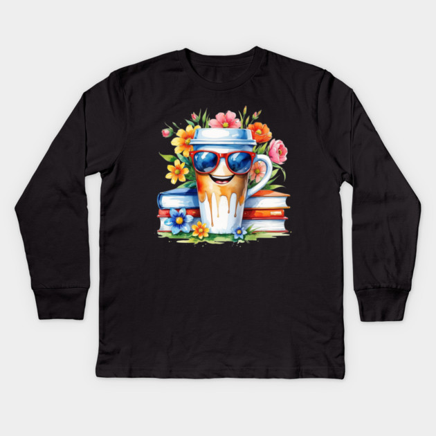 Coffee Books Flower Cup Funny Vibes Kids Long Sleeve T-Shirt by SR8891