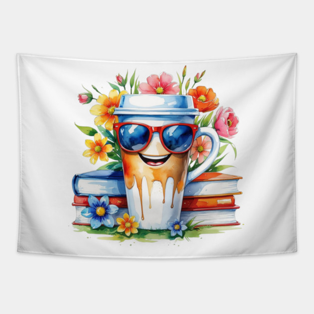 Coffee Books Flower Cup Funny Vibes Tapestry by SR8891
