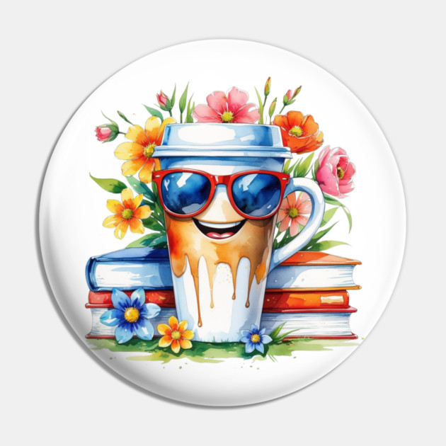 Coffee Books Flower Cup Funny Vibes Pin by SR8891