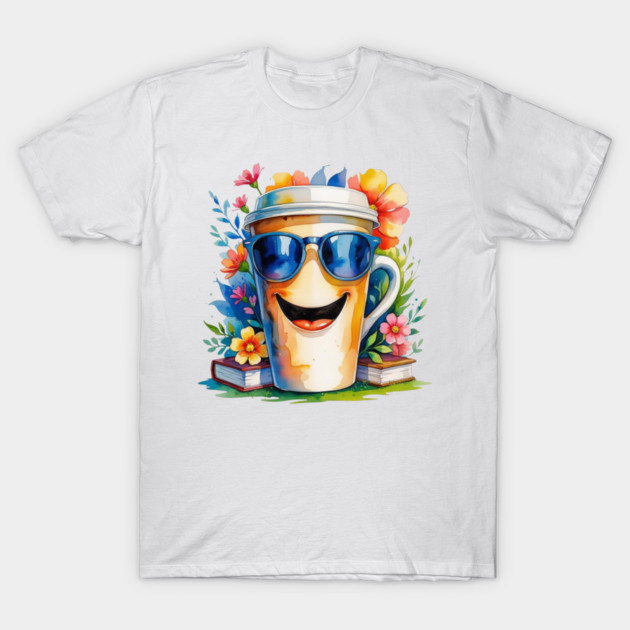 Funny Vibes Coffee Books Flower Cup T-Shirt by SR8891