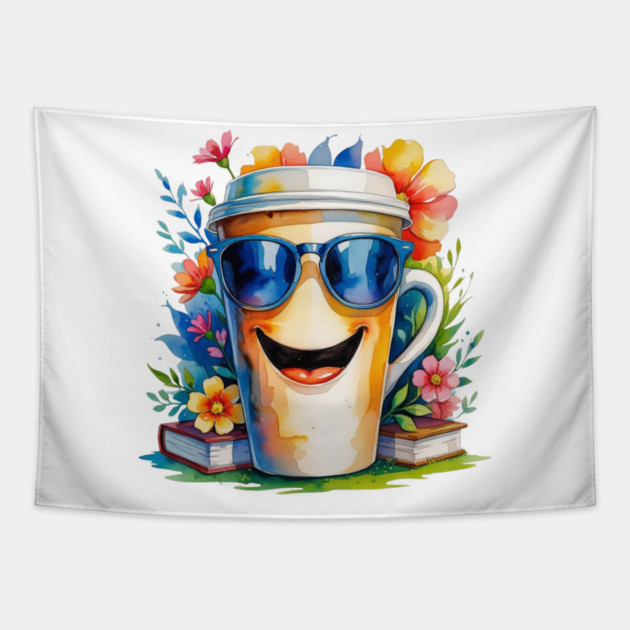 Funny Vibes Coffee Books Flower Cup Tapestry by SR8891