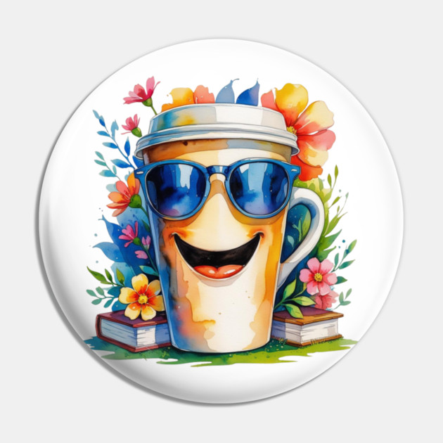 Funny Vibes Coffee Books Flower Cup Pin by SR8891