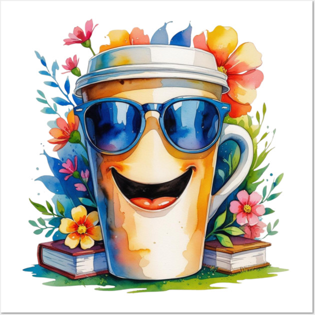 Funny Vibes Coffee Books Flower Cup Wall Art by SR8891