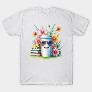 Flower Cup Coffee Books Funny Mood T-Shirt
