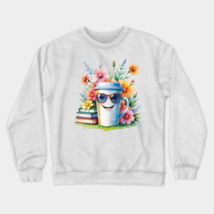 Flower Cup Coffee Books Funny Mood Crewneck Sweatshirt
