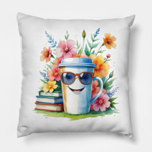 Flower Cup Coffee Books Funny Mood Pillow