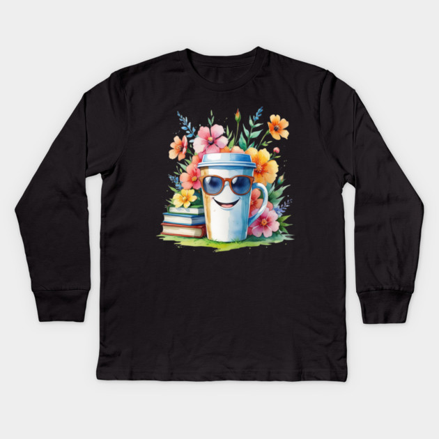 Flower Cup Coffee Books Funny Mood Kids Long Sleeve T-Shirt by SR8891