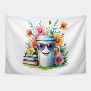 Flower Cup Coffee Books Funny Mood Tapestry