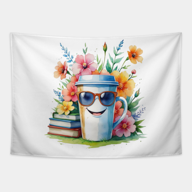 Flower Cup Coffee Books Funny Mood Tapestry by SR8891