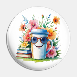 Flower Cup Coffee Books Funny Mood Pin
