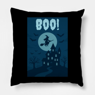 BOO! Halloween Witch Flying Over Haunted House – Spooky Halloween Art Pillow