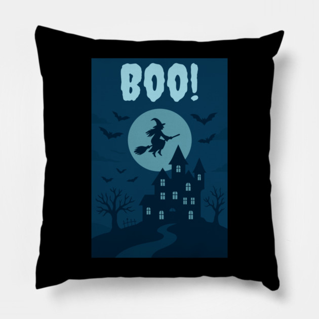 BOO! Halloween Witch Flying Over Haunted House – Spooky Halloween Art Pillow by DonWillisJrArt