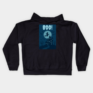BOO! Halloween Witch Flying Over Haunted House – Spooky Halloween Art Kids Hoodie