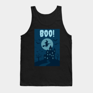 BOO! Halloween Witch Flying Over Haunted House – Spooky Halloween Art Tank Top
