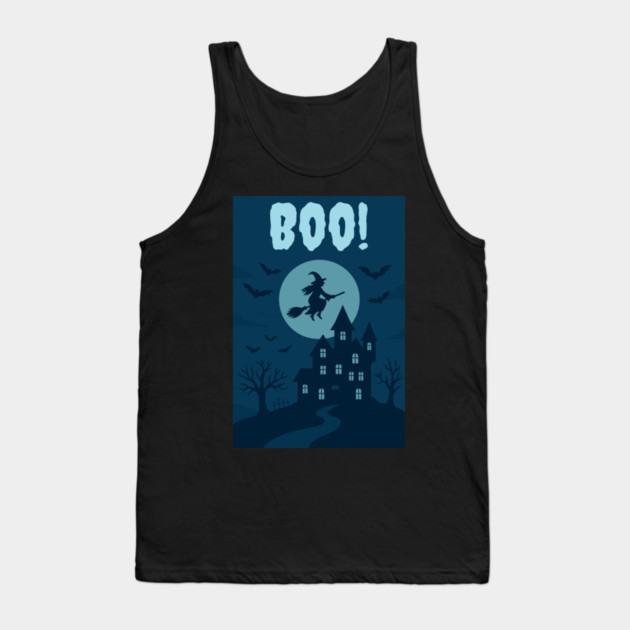 BOO! Halloween Witch Flying Over Haunted House – Spooky Halloween Art Tank Top by DonWillisJrArt