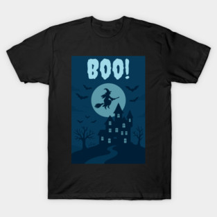 BOO! Halloween Witch Flying Over Haunted House – Spooky Halloween Art T-Shirt