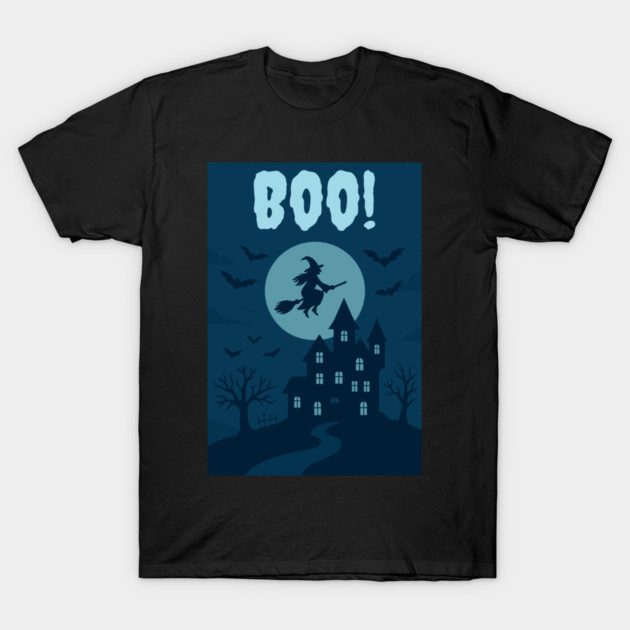BOO! Halloween Witch Flying Over Haunted House – Spooky Halloween Art T-Shirt by DonWillisJrArt