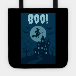 BOO! Halloween Witch Flying Over Haunted House – Spooky Halloween Art Tote