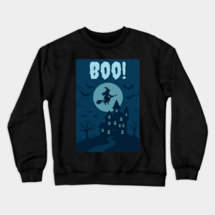 BOO! Halloween Witch Flying Over Haunted House – Spooky Halloween Art Crewneck Sweatshirt