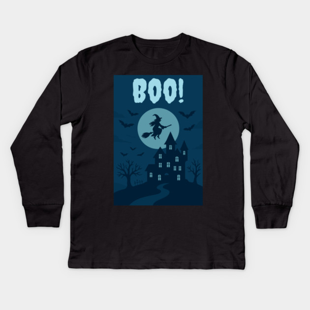 BOO! Halloween Witch Flying Over Haunted House – Spooky Halloween Art Kids Long Sleeve T-Shirt by DonWillisJrArt