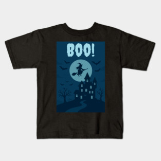 BOO! Halloween Witch Flying Over Haunted House – Spooky Halloween Art Kids T-Shirt