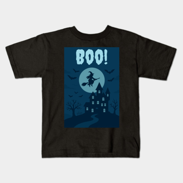 BOO! Halloween Witch Flying Over Haunted House – Spooky Halloween Art Kids T-Shirt by DonWillisJrArt