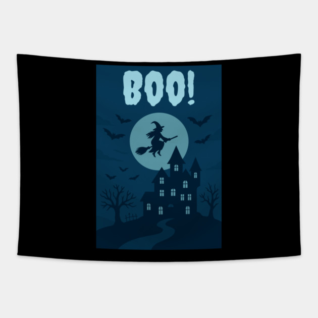 BOO! Halloween Witch Flying Over Haunted House – Spooky Halloween Art Tapestry by DonWillisJrArt