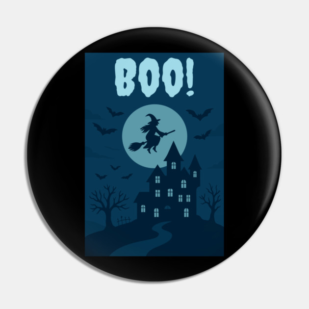 BOO! Halloween Witch Flying Over Haunted House – Spooky Halloween Art Pin by DonWillisJrArt
