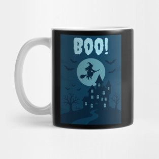 BOO! Halloween Witch Flying Over Haunted House – Spooky Halloween Art Mug