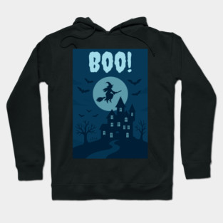 BOO! Halloween Witch Flying Over Haunted House – Spooky Halloween Art Hoodie