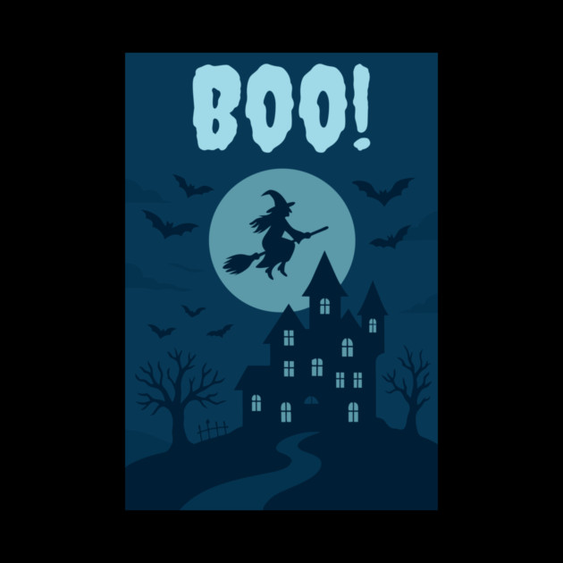 BOO! Halloween Witch Flying Over Haunted House – Spooky Halloween Art by DonWillisJrArt