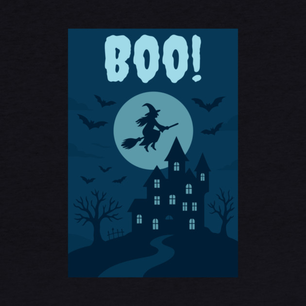 BOO! Halloween Witch Flying Over Haunted House – Spooky Halloween Art by DonWillisJrArt