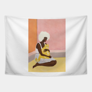 Modern Pop Art Female Portrait, Woman with Orange Cat Tapestry