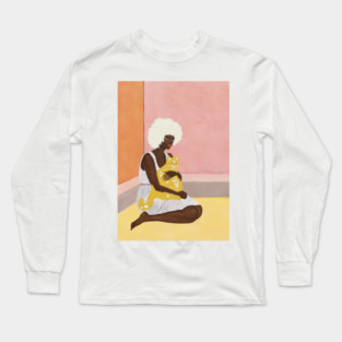 Modern Pop Art Female Portrait, Woman with Orange Cat Long Sleeve T-Shirt