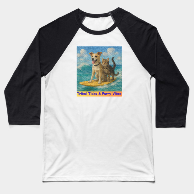 Tribal Tides & Furry Vibes – Hmong Surfing Duo Baseball T-Shirt by Pimcolle