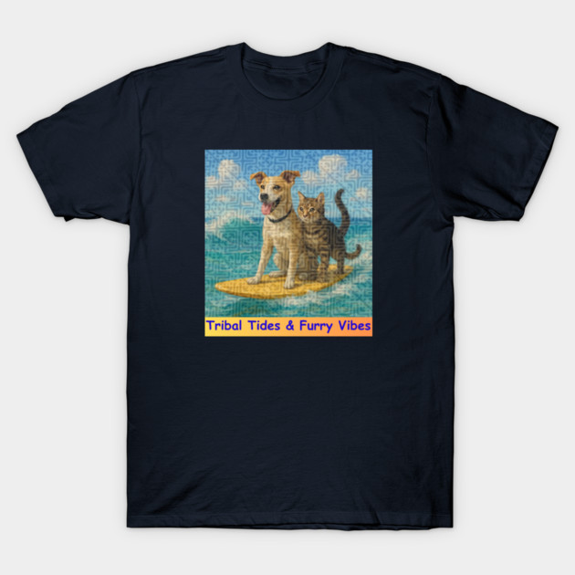 Tribal Tides & Furry Vibes – Hmong Surfing Duo T-Shirt by Pimcolle