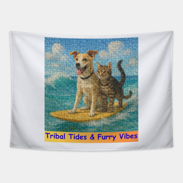 Tribal Tides & Furry Vibes – Hmong Surfing Duo Tapestry by Pimcolle