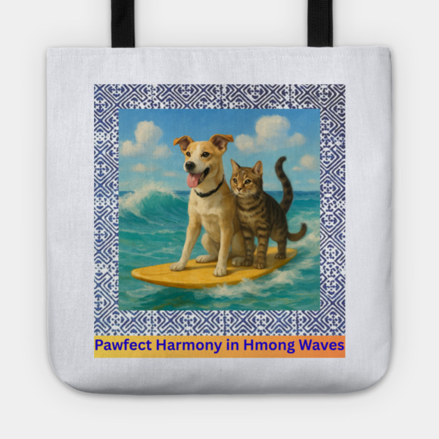 Pawfect Harmony in Hmong Waves – Cat & Dog Surf Adventure Tote by Pimcolle