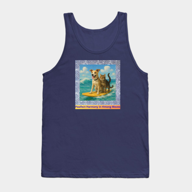 Pawfect Harmony in Hmong Waves – Cat & Dog Surf Adventure Tank Top by Pimcolle