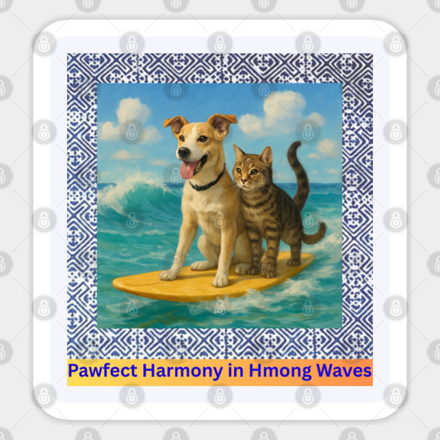 Pawfect Harmony in Hmong Waves – Cat & Dog Surf Adventure Sticker by Pimcolle