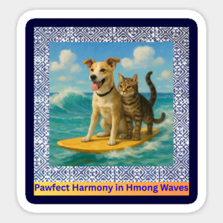Pawfect Harmony in Hmong Waves – Cat & Dog Surf Adventure Magnet
