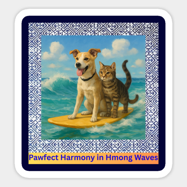 Pawfect Harmony in Hmong Waves – Cat & Dog Surf Adventure Magnet by Pimcolle