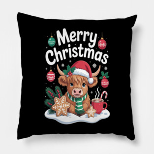Christmas Highland Cow Cute Heifer Cow Santa Hat Mooey Xmas Pillow