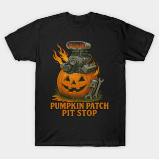 Pumpkin Patch Pit Stop Funny Halloween Drag Racing Car T-Shirt