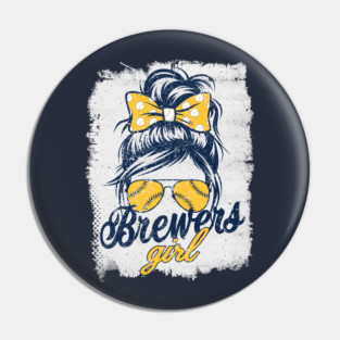 Vintage Brewers Girl Messy Bun Retro Sports Fan Team Spirit Pin