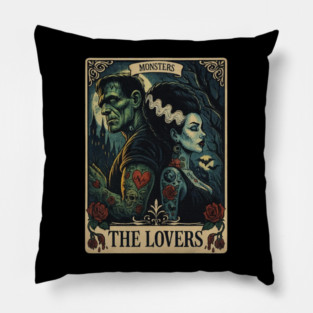 Frankenstein Bride Lovers Vintage Horror Tarot Card Pillow