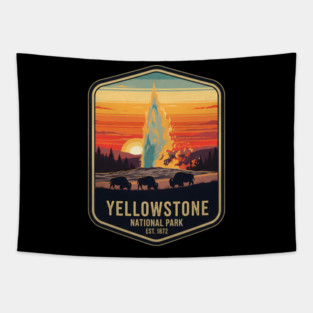 Yellowstone National Park - Est. 1872, Best, Unique Gift idea for Women, Men, Kids, Christmas, Birthday, Old Faithful Geyser, Bison Wildlife, Retro Vintage Travel, Sunset Landscape, Wyoming, Montana, Outdoors Adventure. Tapestry